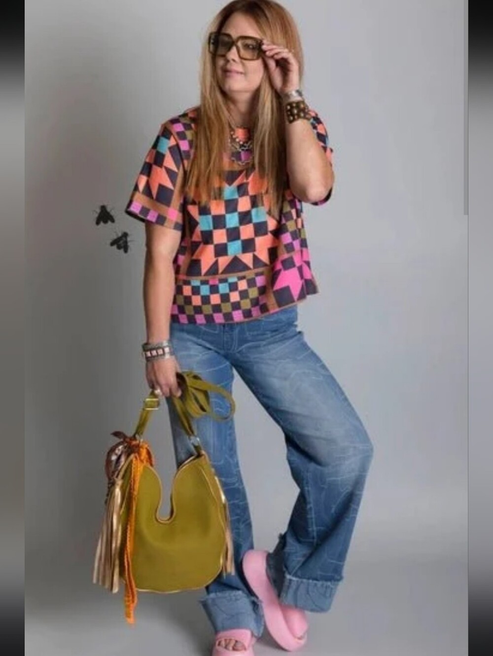 2 Fly Co. NWT SEW IT GOES *RANCH HOUSE QUILT Print Boxy Short Sleeve Top